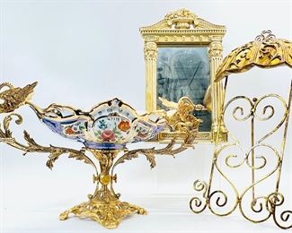 Vintage Porcelain Bowl With Bronze Swan Base, Vinatge Gold Mirror, & Vintage Gold Metal Pitcher Frame Or Book Holder
