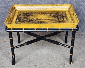 Fancy 20th Century Faux Bamboo & Wood table and Chinoiserie Decorated Serving Tray
