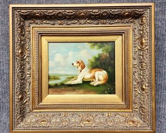 20th Century Deep Gilt Framed Painting on Canvas Dog Resting Landscape Background
