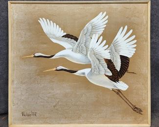 Original Wing Lee Huge Flying Cranes Birds Painting
