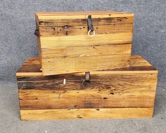 2 Vintage Fruitwood Storage Trunks Leather Straps Small Trunk has Cedar Interior
