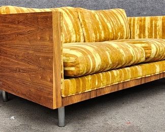 Milo Baughman Style Cased Mid Century Modern Teak or RoseWood Chrome Leg Velvet Upholstered Sofa
