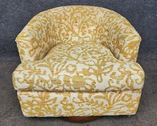 Original Danker Furniture mid Century modern Upholstered Swivel wood base Hollywood Regency barrel Lounge Chair
