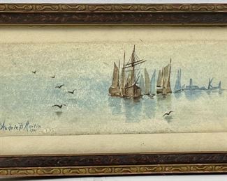 Original watercolor paining Untitled Sailboats and Ships Scene by Audrie B. Martin circa 1901
