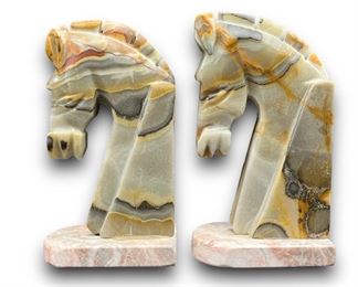Pair of Art Deco Alabaster Onyx Horse Head Book Ends
