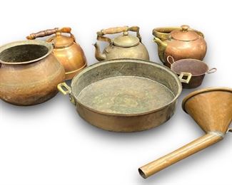 Antique Copper Tea Pots, Funnel and Pots
