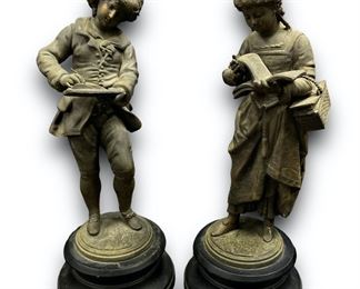 Antique French Spelter Boy and Girl Reading Statues
