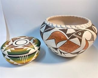 Vintage South West Native American Art Pottery - Large Bowl and Lidded Canister
