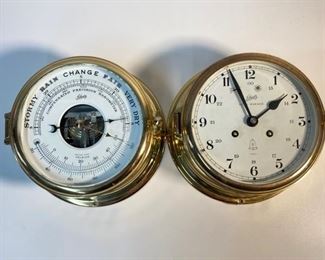 2 Vintage Schatz Nautical Royal Mariner 7 Jewels Ships Clock and Schatz Brass Ships Compensated Precision Barometer Thermometer
