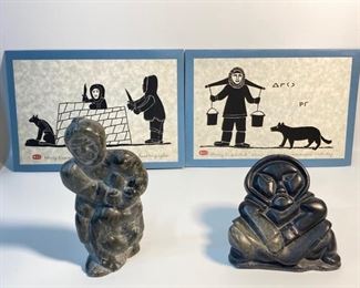 2 North West Coast Inuit  Hand Carved Soapstone Human Figural Statues PLUS 4 Henry Napartuk Signed Original Art Pieces
