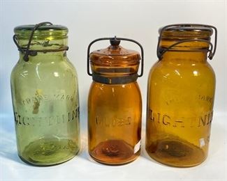 3 Antique Colored Glass Fruit canning Jars - 2 Putnam Lightning Jars and 1 Globe Jar

