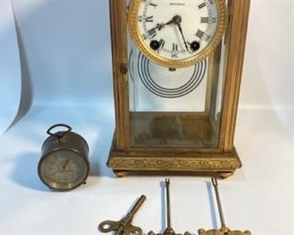 Antique Brass and Glass Seth Thomas Mantle Clock PLUS Antique Brass Miniature Alarm Clock
