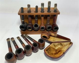 12 Vintage Imperial, Dunhill London, Marxman Imported Briarwood, and More Wooden Tobacco Pipes With Smooth Wood Pipe Stand
