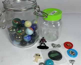 Vintage Giant 1 Inch s Colorful Glass Marbleand Vintage Assortment of Game Pieces - Speckled Marbles, Ribbons, Metallic and More
