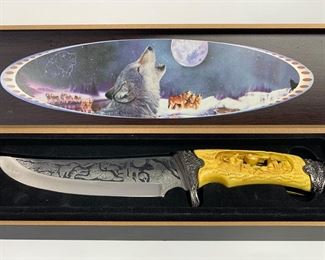 Custom Wolf Bowie Knife 6.5 Inch Blade With Synthetic Ivory Carved Handle and Wooden Display Box
