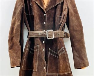 Vintage 1970s Hippie Boho Mexican Leather Coat W/ Belt & Pockets, Brown In Good Preowned Condition Size 16
