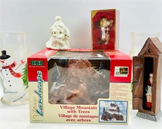 LENNOX Golfing Santa, MIKASA Santa Candle Holder, LEMAX Village Mountain W Tree, Pair Of Glass Hand Painted Candle Holders And Santa Using The Toilet Figurine
