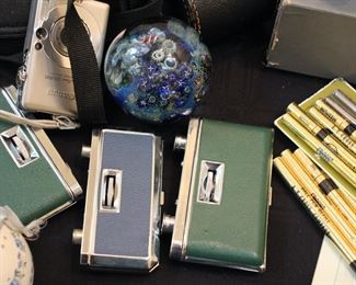 Josh Simpson Inhabited planet paperweight; vtg folding opera glasses