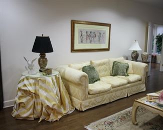 Brunschwig & Fils down filled sofa; skirted table