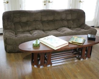 Michael Ducaroy for Ligne Roset "Kashmina" sofa with oversize chair & ottoman (chair & ottoman not photographed yet), c. 1980's; Harvey Probber walnut surfboard coffee table