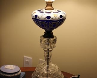 Pair Bohemian cut to clear vintage oil lamps mounted as lamps