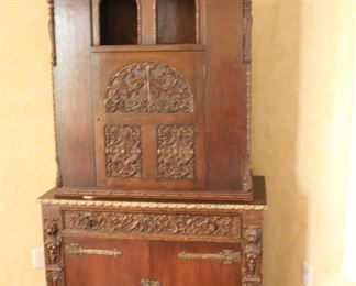 Romweber? antique cabinet - carved with figures & lion heads