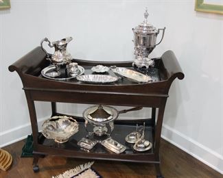 Wood trolley & more silver plate