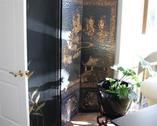 Ebonized & gilt four panel Oriental floor screen - double sided