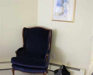 Blue velvet wing chair
