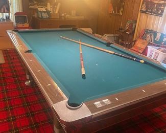 Vintage Fisher Pool Table and Vintage pool sticks. 