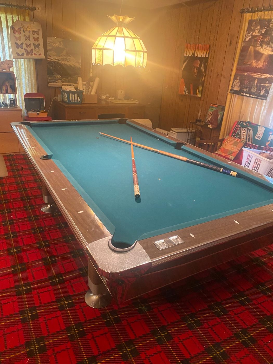 Vintage Fisher Pool Table and Vintage pool sticks. 