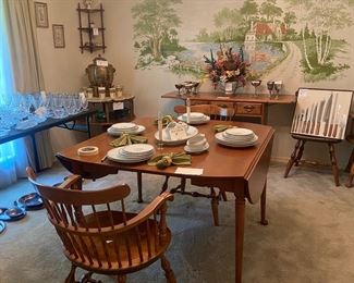 Rock Maple Drop Leaf table and 4 chairs ! Fostoria and Ole Hickory knives. 