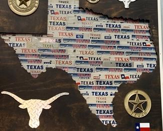 hand made TX memorabilia with license plates and the Seal Of Texas.