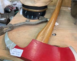 vintage fireman's dress cap, fire hydrant wrench, and TOY axe