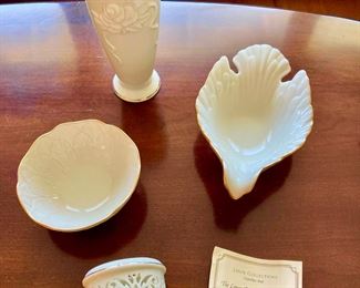 Lenox - Dove Candy Dish, Embossed Cabbage Leaf Bowl, Rosebud Vase, Pierced Ivory Tea Light Holder
