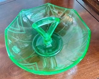 Green Uranium Glass Serving Tray/Bowl with Etched Floral Design