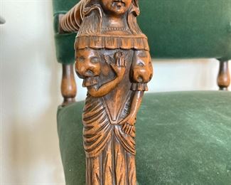 Green Upholstered Velvet Barley Twist Oak Armchair with Figural Arms