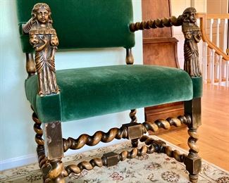 Green Upholstered Velvet Barley Twist Oak Armchair with Figural Arms