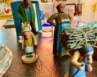 Pilgrim Woman Wood Sculpture, Fisherman Wood Sculpture, Hand Carved Wood Man with Ax Wood and Pipe Figurine, Hand Carved Wood Woman Carrying Bundle of Wood