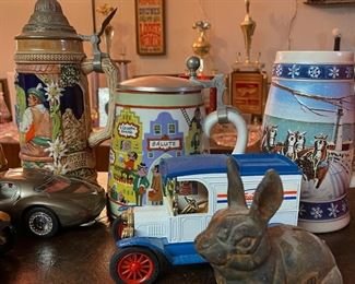 Assortment of German Steins, Cast Iron Bunny Statue