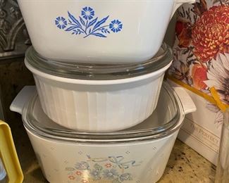 1970's Corning Ware Casserole Dish - Blue Cornflower Pattern, Corning Ware Casserole Dish - French White, Corning Ware Casserole Dish - Country Cornflower Pattern