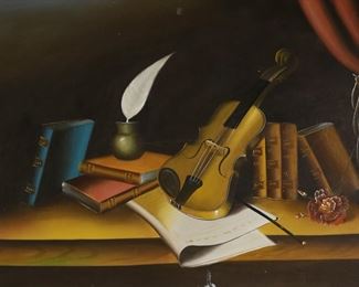 2	Signed R. Telson Oil on Canvas Still Life	Oil on canvas, still life with violin. Signed lower right R. Telson. 23 1/2" x 35 1/2" (with frame 29 1/4" x 41 1/4"). Crazing throughout, creases, indentation to canvas center left, white paint drips lower center.
