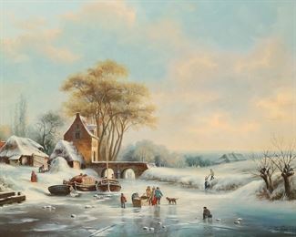 5	B. Durand Oil on Wood Panel Tilburg Winter	B. Durand (American). Oil on board, a frozen river landscape titled 'Tilburg Winter'. Signed lower right corner and titled and signed on verso. Measures 11 1/2" x 15 1/2" (with frame 16 1/2" x 20 1/4"). Minor surface damage and staining to the varnish as well as scratching and chipping on the frame.
