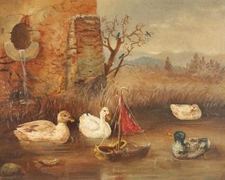 4	Oil on Wood Panel Ducks with Toy Boat	Oil on wood panel, four ducks with a toy boat. Partial London gallery label on verso. Measures 9 7/8" x 12 1/2" (with frame 12 3/4" x 15 1/2"). Frame shows minor scratching and chipping.
