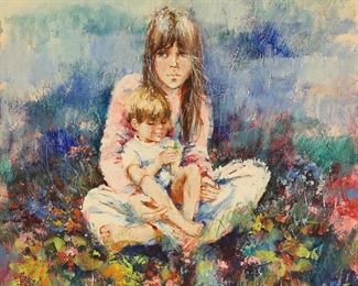 1	Mary Vickers Oil on Canvas Mother and Child	Mary Vickers (British, 1940). Oil on canvas, mother and child. Signed lower right. 19 3/4" x 19 3/4" (with frame 28 1/8" x 28 1/8").
