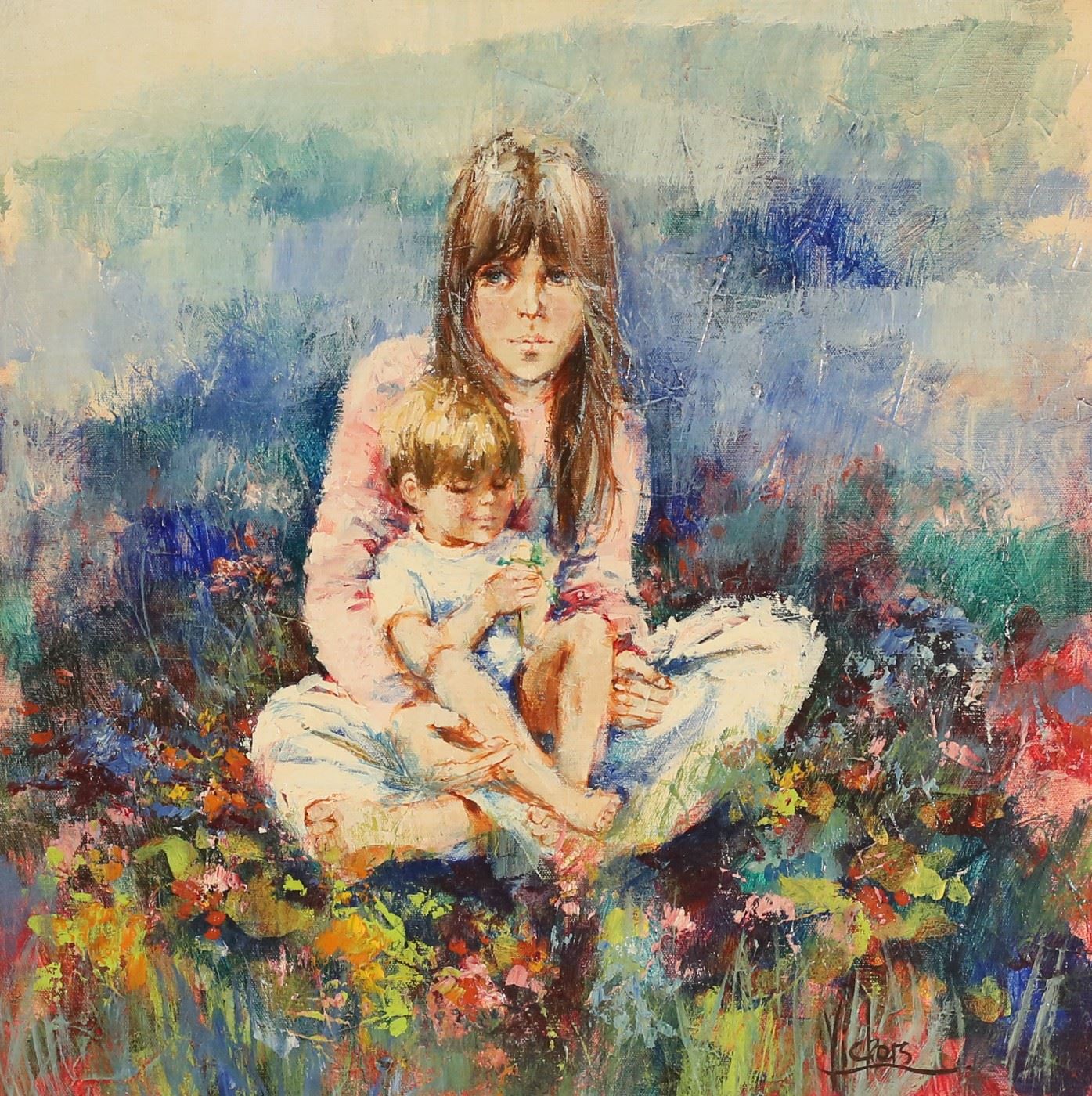 1	Mary Vickers Oil on Canvas Mother and Child	Mary Vickers (British, 1940). Oil on canvas, mother and child. Signed lower right. 19 3/4" x 19 3/4" (with frame 28 1/8" x 28 1/8").
