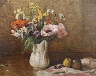 3	Oil on Canvas Still Life	Oil on canvas, still life with flowers and fruit. Signed illegibly upper left. 21" x 27 1/4" (with frame 24" x 30 1/4"). Chips, scratches and losses to gilt frame.
