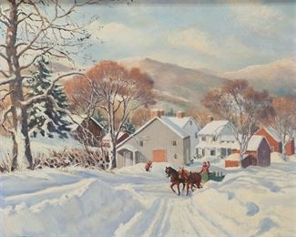 6	Edith Vail Oil on Board Winter Morning	Edith Vail (American, 20th century). Oil on board, a winter landscape titled 'Winter Morning'. Signed lower left, with Warwick Art Gallery and Bethlehem Art Gallery labels on verso. Measures 19 5/8" x 23 3/4" (with frame 24" x 28 1/8"). Cracks in the paint on the frame as well as minor discoloration; board is not fully secured to frame.
