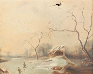 7	Oil on Canvas Ice Skaters	Oil on canvas ice skaters in winter landscape. Unsigned. 9 1/2" x 7 1/2" (with frame 19 1/2" x 17 1/2"). Tear to sky, minor tear at center, paint loss to top and sky; chips and losses to frame.
