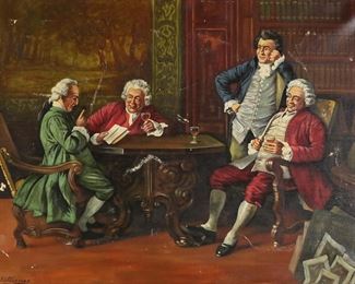 8	E.W. Topman Oil on Canvas Interior Scene	Evert Willem Topman (20th century). Oil on canvas interior scene. Signed lower left E.W. Topman. 19 1/4" x 27" (with frame 25 1/4" x 33 1/4"). Scratches and paint loss throughout.
